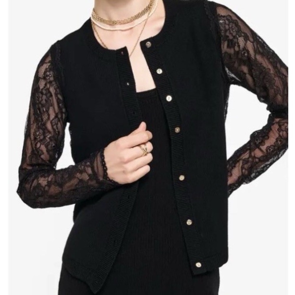 Cami NYC Women Frederica Cardigan Extrafine Merino Wool Lace Sleeve Black L